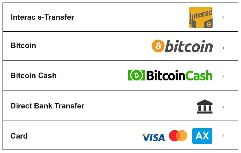 Deposit Methods - all displayed